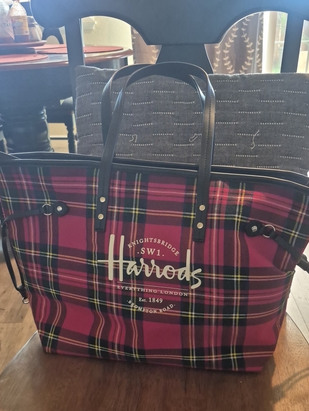 Harrods Red Plaid Tote Bag with Black Handles